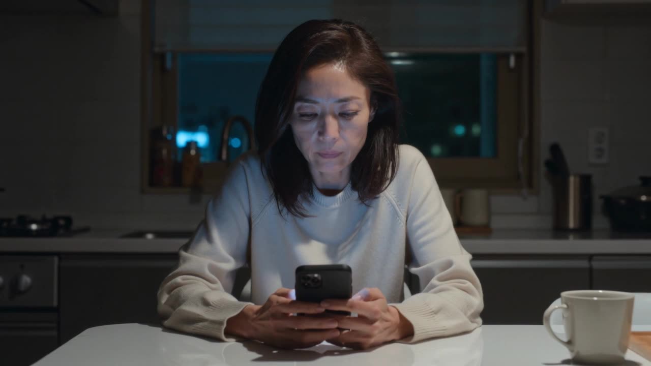 A woman at her own kitchen table, answering on her phone.